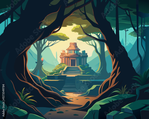 colorful illustration of a hidden temple within the roots of an ancient forest