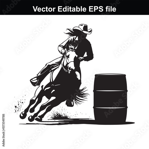 Silhouette of Barrel Racing Featuring a Horse and Rider Approaching a Barrel in an Equestrian Competition Scene