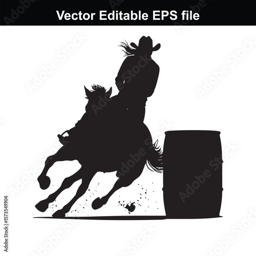 Silhouette of Barrel Racing Featuring a Horse and Rider Approaching a Barrel in an Equestrian Competition Scene