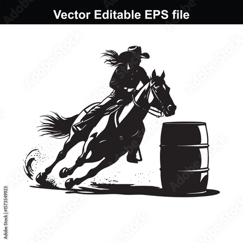 Silhouette of Barrel Racing Featuring a Horse and Rider Approaching a Barrel in an Equestrian Competition Scene