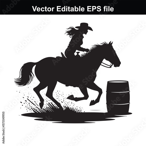 Silhouette of Barrel Racing Featuring a Horse and Rider Approaching a Barrel in an Equestrian Competition Scene