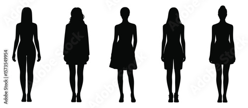Five diverse female silhouettes showcasing different fashion styles and body types