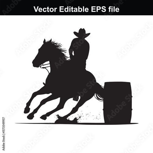 Silhouette of Barrel Racing Featuring a Horse and Rider Approaching a Barrel in an Equestrian Competition Scene