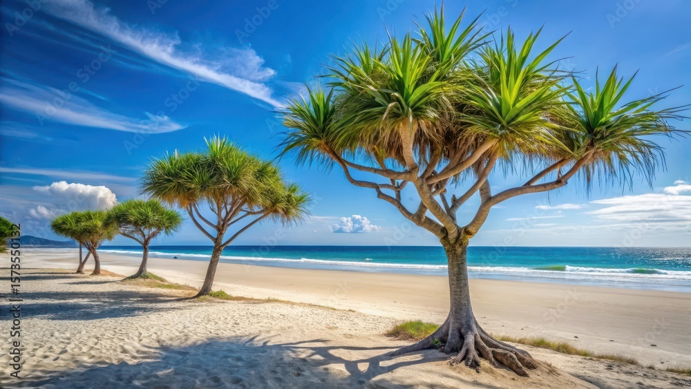 Fototapeta premium Pandanus trees standing tall on the powdery white sand of Srakung Beach, ocean, natural, ocean