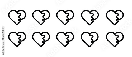 Seamless pattern of broken heart icons in a clean black and white line art design
