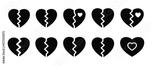 Collection of black broken heart icons with a few featuring a small white heart inside