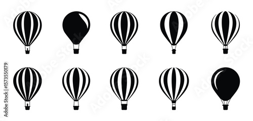 Collection of ten black and white hot air balloon icons on a white background