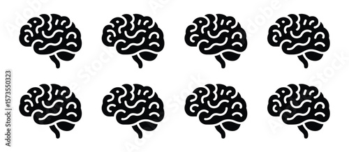 Eight black silhouette brain icons arranged in two rows on a white background