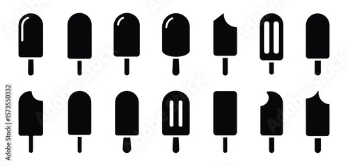 Collection of black silhouette popsicle and ice cream icons on a white background