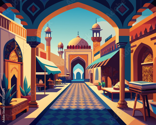 colorful illustration of a historical persian bazaar with archways building architecture