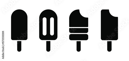 Collection of black ice cream and popsicle icons with different shapes and bite marks