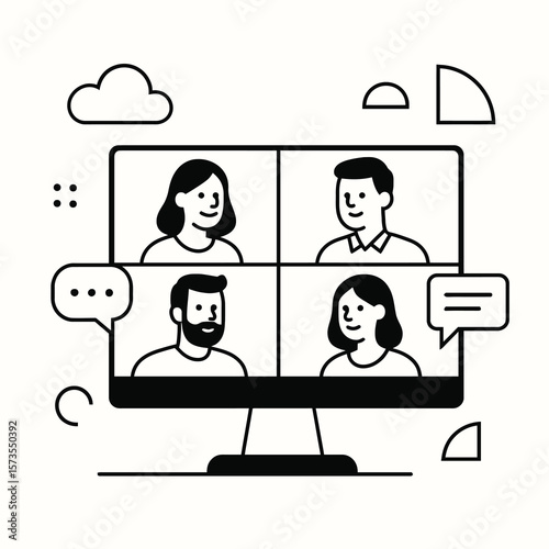 Video Conference with Team Members in Flat Style
