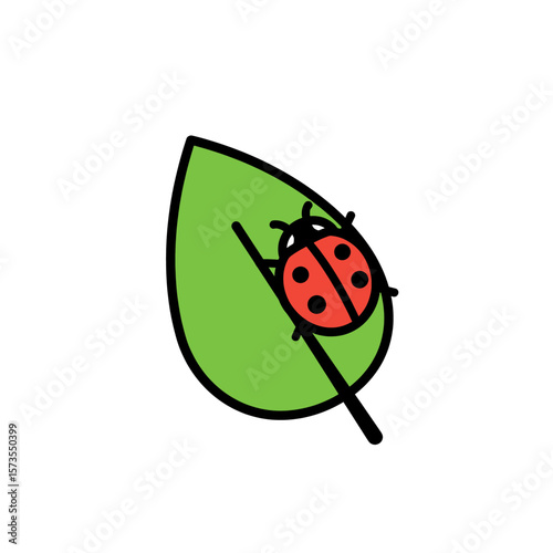 Cute red ladybug with black spots resting on bright green leaf flat cartoon icon