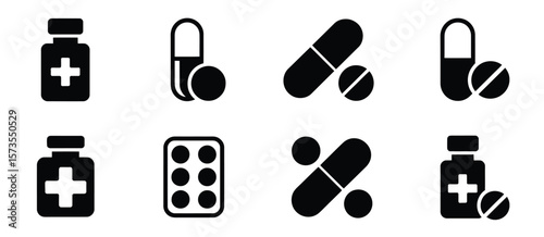 Collection of medical icons representing pills capsules and medicine bottles with crosses