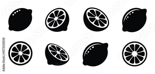 Collection of black and white lemon icons and slices on a white background