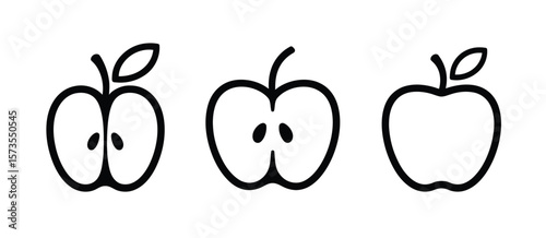 Three stylized black line art apples one whole and two cut in half showing seeds
