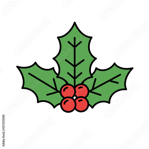 Flat icon of traditional green holly leaf with red berries for Christmas decoration and holiday design