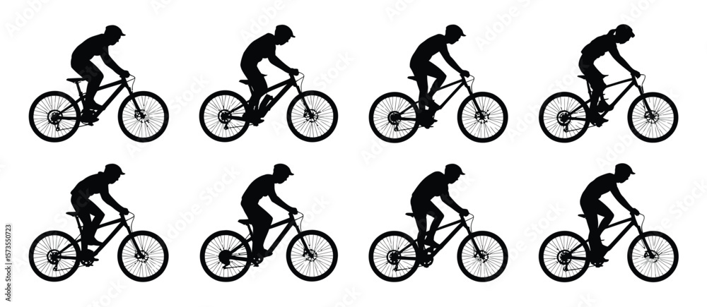Naklejka premium Silhouettes of cyclists riding mountain bikes in various dynamic poses