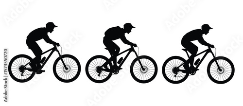 Three silhouettes of mountain bikers riding side by side on white background