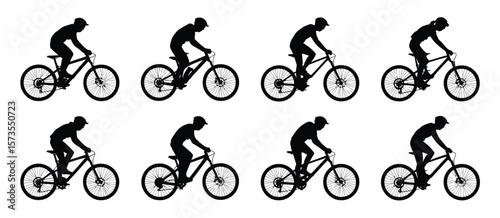 Silhouettes of cyclists riding mountain bikes in various dynamic poses