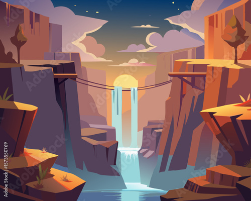 colorful illustration of a magical canyon with waterfalls and suspension bridge