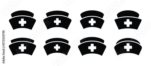 Eight black nurse caps with white crosses arranged in two rows