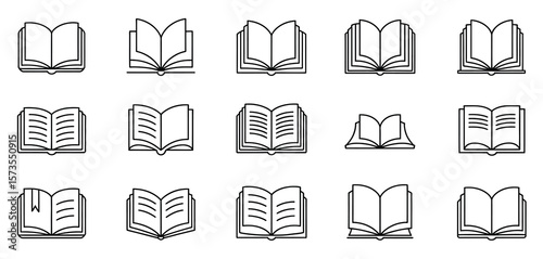 Collection of fifteen open book icons in a simple line art style