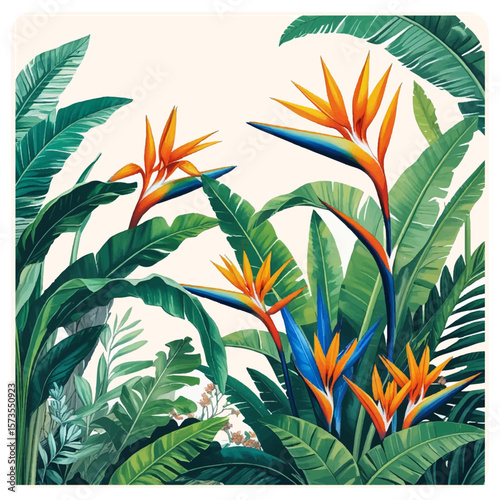 Vibrant Tropical Birds of Paradise Flowers and Banana Leaves