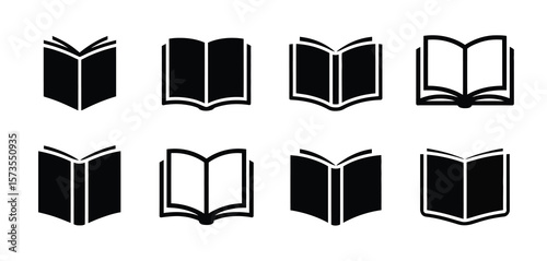 Collection of eight black open book icons on a white background