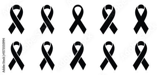 Ten black awareness ribbons arranged in two rows on white background