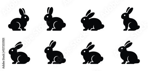 Collection of eight black rabbit icons on a white background