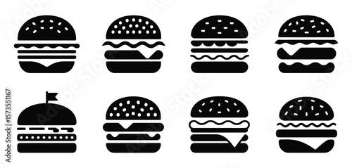 Collection of eight distinct black silhouette hamburger icons on a white background