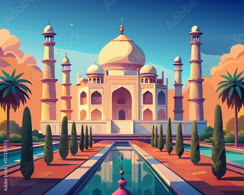 colorful illustration of a majstic indian palace with marble dome