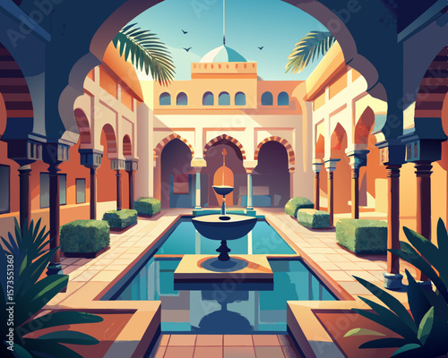 colorful illustration of a magical moroccan riad with central courtyard