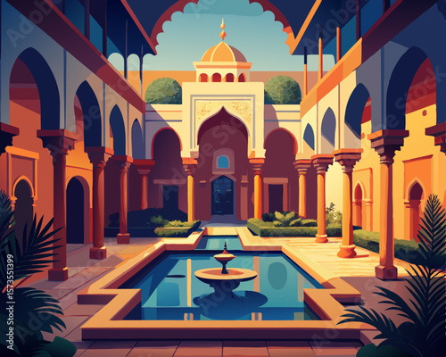 colorful illustration of a magical moroccan riad with central courtyard