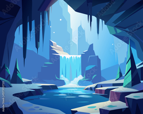 colorful illustration of a a mystical ice cavern with frozen waterfalls