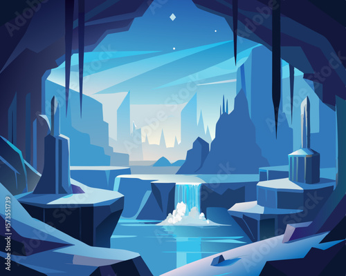 colorful illustration of a a mystical ice cavern with frozen waterfalls