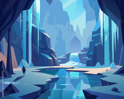 colorful illustration of a a mystical ice cavern with frozen waterfalls