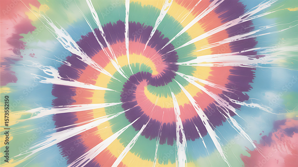 Obraz premium Vibrant spiral tie dye pattern with splattered white paint accents