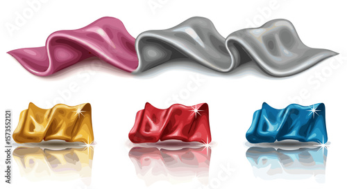 Various colored draped fabrics in pink silver gold red and blue arranged on a white background surface