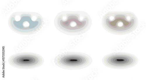 Close up shot of six blurry pearls arranged in two rows on a white surface with soft lighting effects