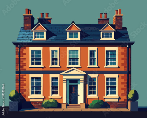 colorful vector illustration of a quaint british townhouse with brick wall