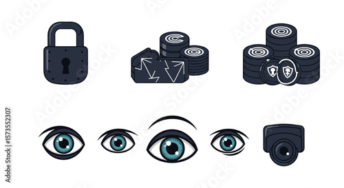Illustration showing security elements like a padlock and surveillance camera with stacks of data discs