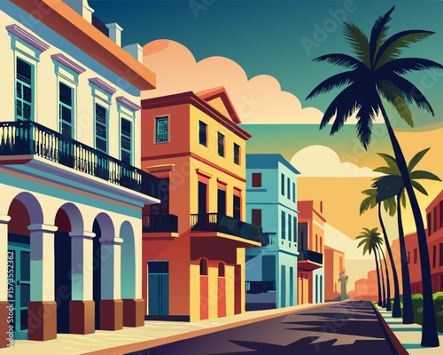 colorful vector illustration of a row of pastel colored colonial house in havana cuba