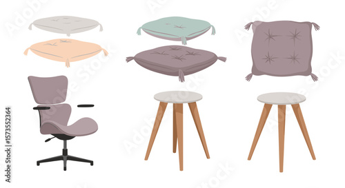 A collection of furniture including cushions stools and a chair on a white background in a studio setting