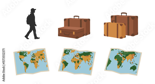 Silhouette of a traveler with luggage bags and world maps suggesting travel and exploration concept