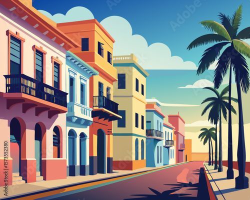 colorful vector illustration of a row of pastel colored colonial house in havana cuba