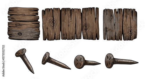 Illustration of wooden planks stacked and arranged with metal nails displayed underneath them nicely