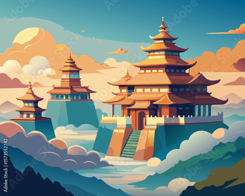 colorful vector illustration of a golden temple on the top of hill with sea clouds