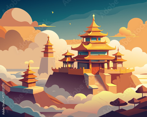 colorful vector illustration of a golden temple on the top of hill with sea clouds
